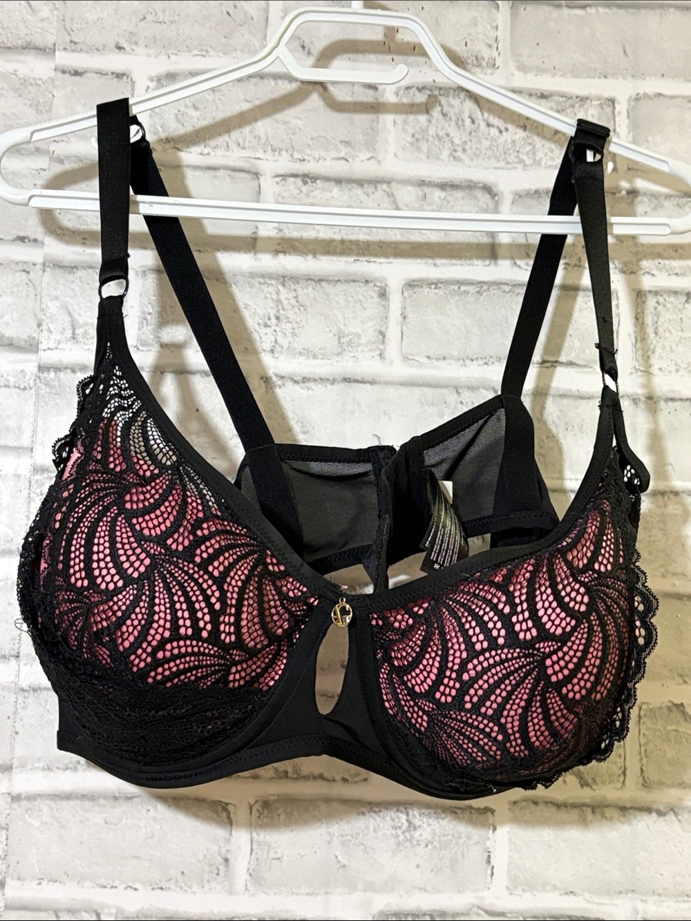 Ashley Graham Black Lace Underwire Bra with Pink Lining 42DDD